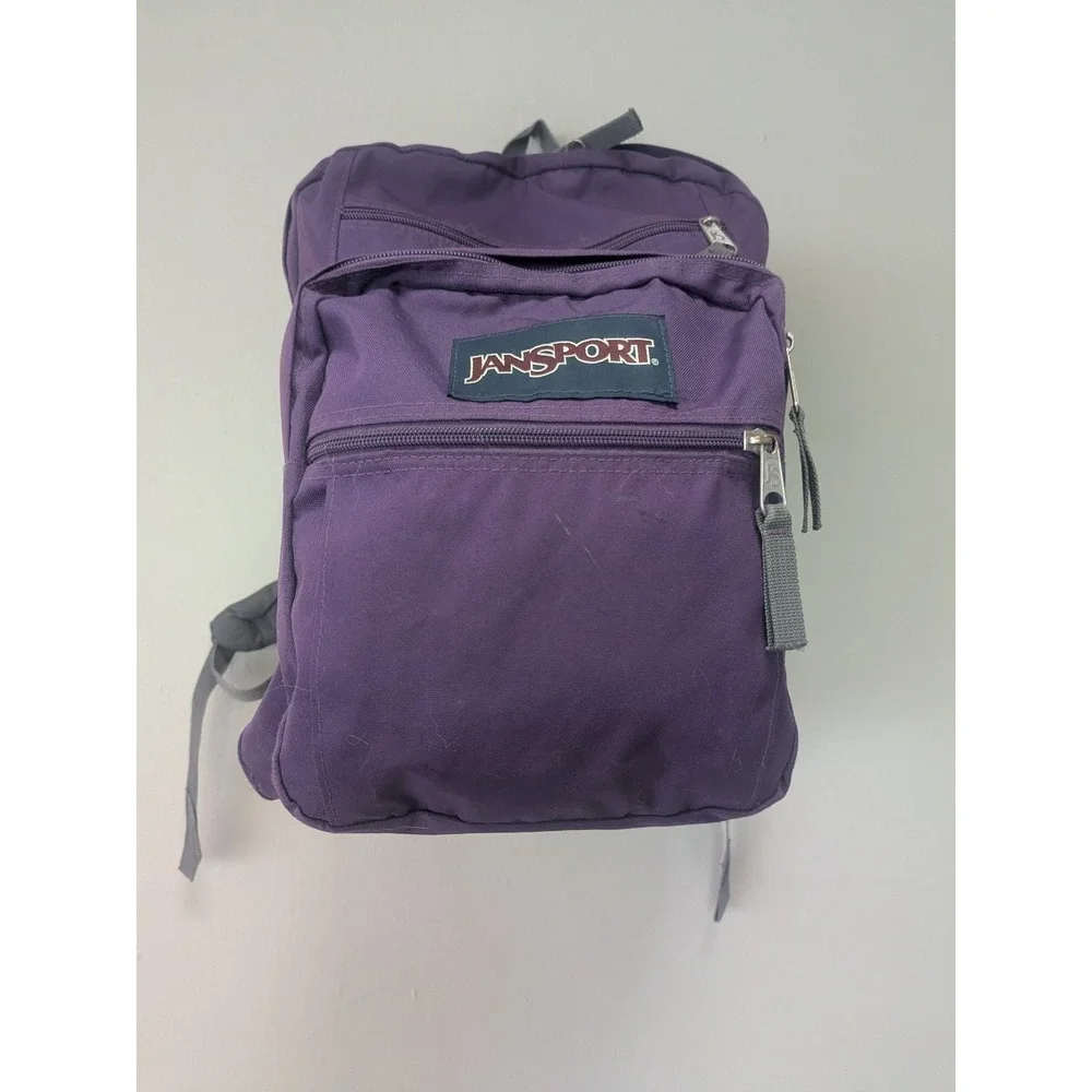 JanSport Purple Backpack Bookbag School Travel Daypack Gray Straps Zip Pockets